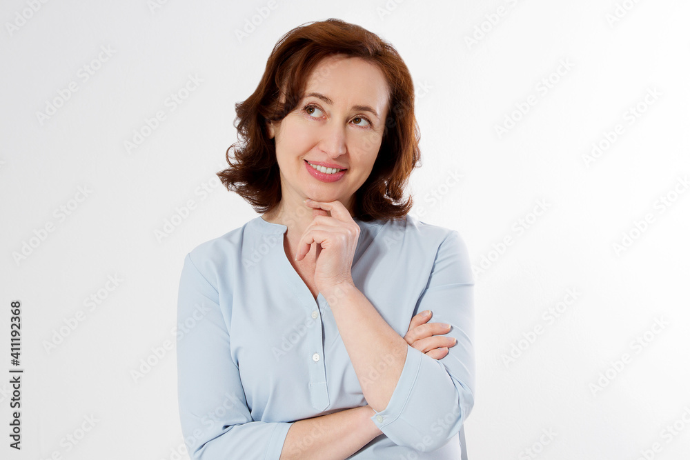 Middle aged woman healthy and happy lifestyle after menopause. Beautiful close up portrait mid age brunette woman. female isolated on white background with copy space. Menopausal and healthcare. Middle aged woman healthy and happy lifestyle after menopause. Beautiful close up portrait mid age brunette woman. female isolated on white background with copy space. Menopausal and healthcare.