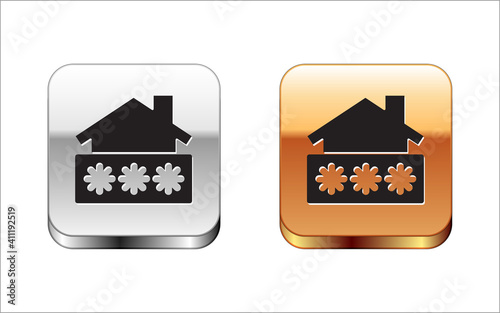 Black House with password notification icon isolated on white background. The concept of the house turnkey. Silver and gold square buttons. Vector.