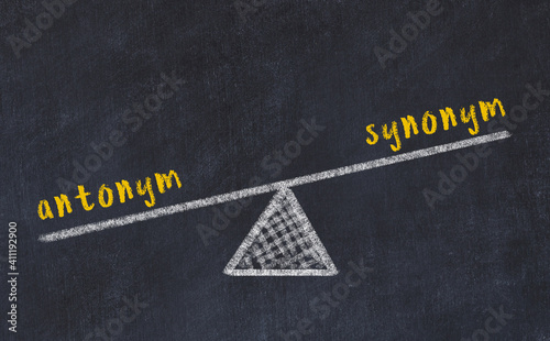 Balance between antonym and synonym. Chalkboard drawing.