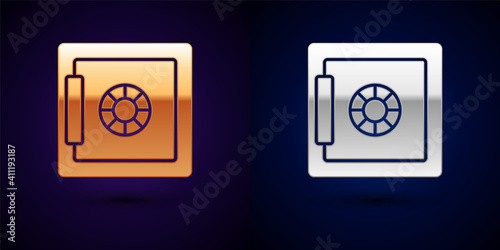 Gold and silver Safe icon isolated on black background. The door safe a bank vault with a combination lock. Reliable Data Protection. Vector.