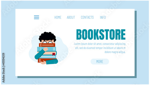 International Children's Book Day. The boy is holding a stack of books. Template for the bookstore website. The target page of the electronic library.