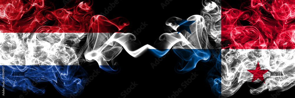 Netherlands vs Panama, Panamanian smoky mystic flags placed side by side. Thick colored silky abstract smoke flags. Netherlands vs Panama, Panamanian smoky mystic flags placed side by side. Thick colored silky abstract smoke flags.