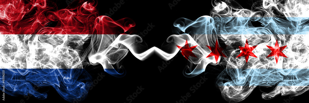 Fototapeta premium Netherlands vs United States of America, America, US, USA, American, Chicago, Illinois smoky mystic flags placed side by side. Thick colored silky abstract smoke flags.