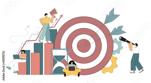 Hit the target. Financial goal. Purposefulness. Search for a solution. Business growth. Goal setting. Flat vector illustration