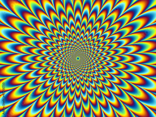 Pulsing fiery spirals. Optical illusion of movement.
