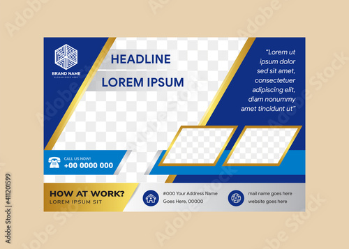 Business consultants flyer design template use horizontal layout. bright blue background with gold as border and grey on elements. diagonal space of photo collage.