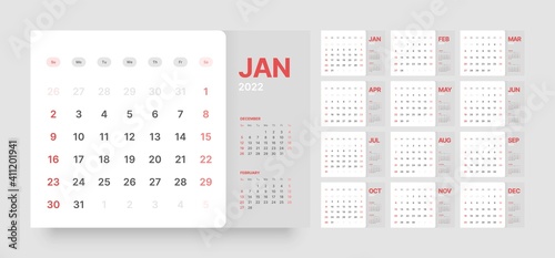Monthly calendar template for 2022 year. Week Starts on Sunday. Wall calendar in a minimalist style.