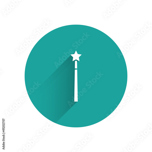 White Magic wand icon isolated with long shadow. Star shape magic accessory. Magical power. Green circle button. Vector.