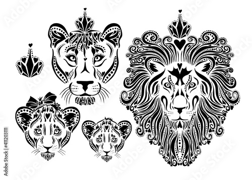Family of lions stylized faces. T-shirt prints. Family look. Vector illustration
