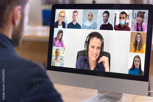 Online remote school class concept. Mixed race college student distance learning using computer conferencing. Learning from home during quarantine and coronavirus outbreak.