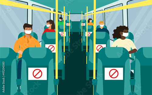 bus seating with social distance. black and white, man, woman in face mask. vector illustration