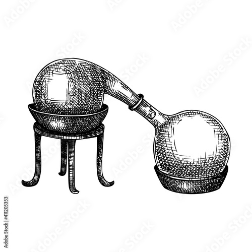Alchemy laboratory equipment sketch. Magic, witchcraft, and mysticism glassware illustration. Alchemy bottle in engraved style. Hand drawing. 