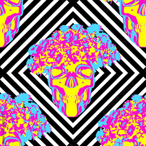 Terrible frightening seamless pattern with skull in cartoon style.Vector