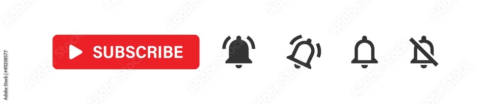 Subscribe red button with bell notification set icons. Web social media vector Subscribe red button with bell notification set icons. Web social media vector