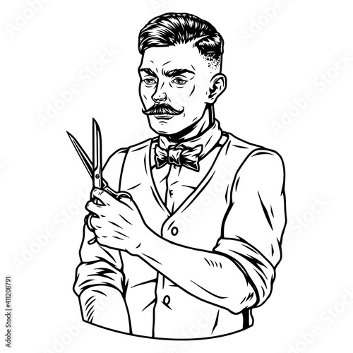 Trendy mustached barber man holding scissors
