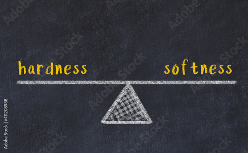 Concept of balance between hardness and softness. Chalk scales and words on it