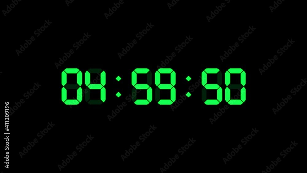 5 hour o'clock digital clock. Seconds count to five. Numerical electronic green display screen.