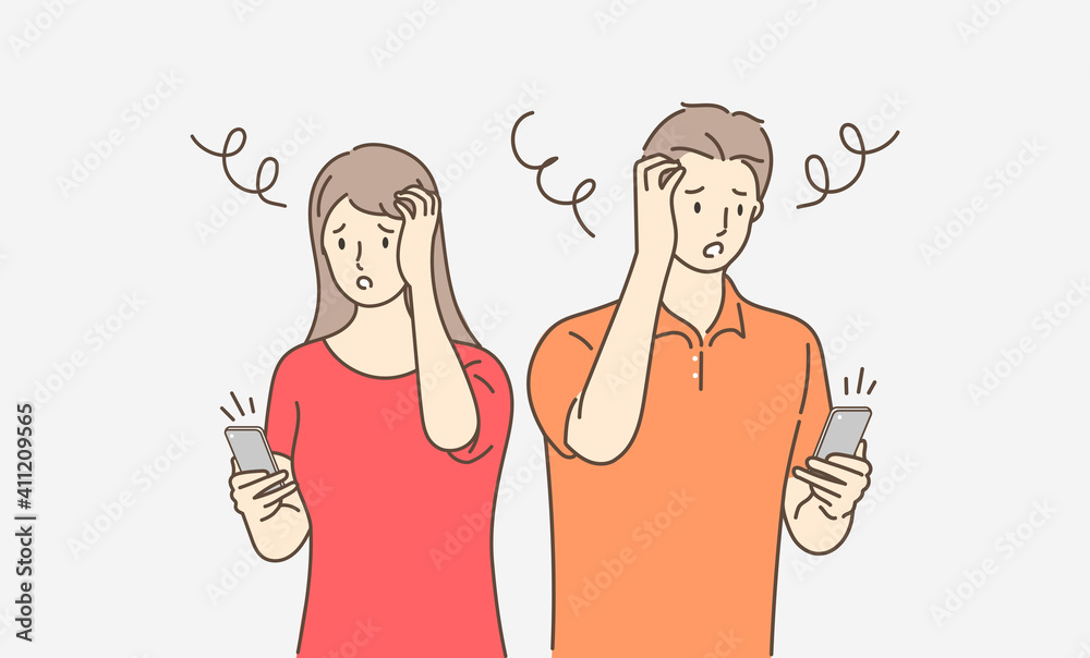 Couple holding mobile and grabbed his head with headache. Hand draw style. Vector illustration. Couple holding mobile and grabbed his head with headache. Hand draw style. Vector illustration.