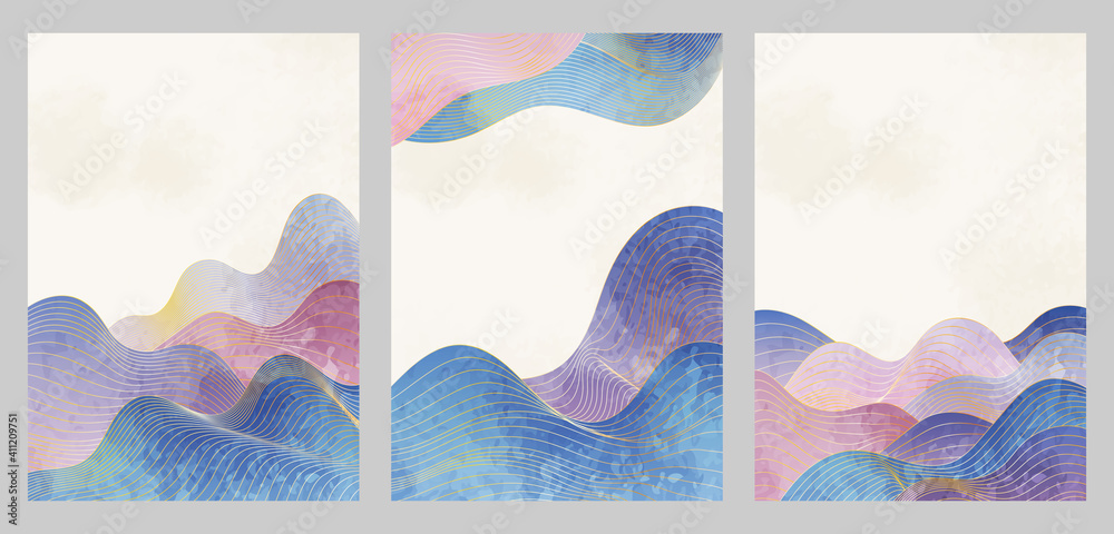 Creative aesthetic posters in Japanese vintage style. A4 vertical illustrations. A set of three backgrounds with watercolor texture and traditional pattern, thin lines, mountains, waves.