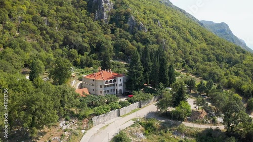 Top view from drone. Dulevo (Duljevo) monastery complex. The courtyard of the Dulyovo monastery. The Dulevo monastery complex consists of the Church of St. Archdeacon Stephen, pilgrimage premises.
 photo