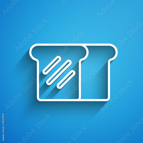 White line Bread toast for sandwich piece of roasted crouton icon isolated on blue background. Lunch, dinner, breakfast snack. Long shadow. Vector.