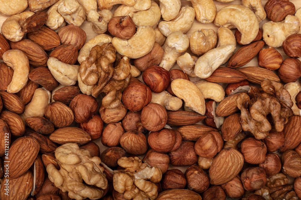 Background of various nuts. Top view Background of various nuts. Top view