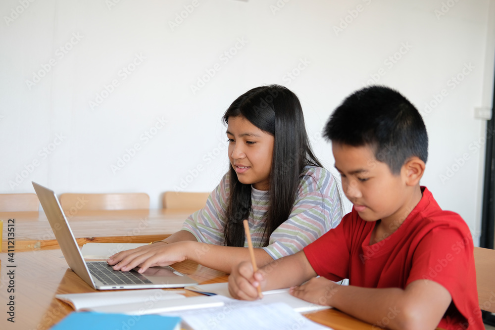 boy girl student studying learning lesson online. remote meeting distance education at home boy girl student studying learning lesson online. remote meeting distance education at home