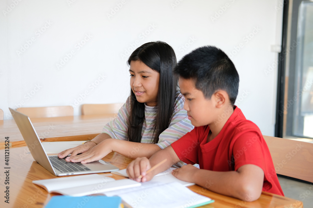 boy girl student studying learning lesson online. remote meeting distance education at home boy girl student studying learning lesson online. remote meeting distance education at home