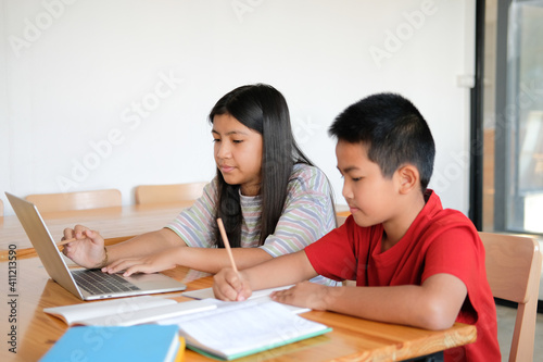 boy girl student studying learning lesson online. remote meeting distance education at home