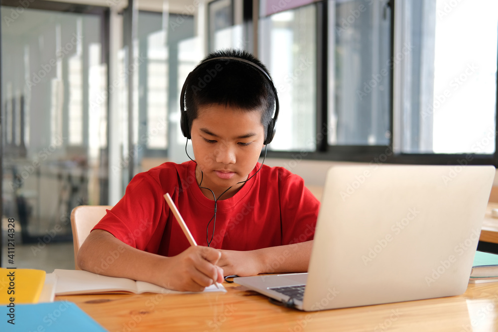 boy student studying learning lesson online. remote meeting distance education at home boy student studying learning lesson online. remote meeting distance education at home