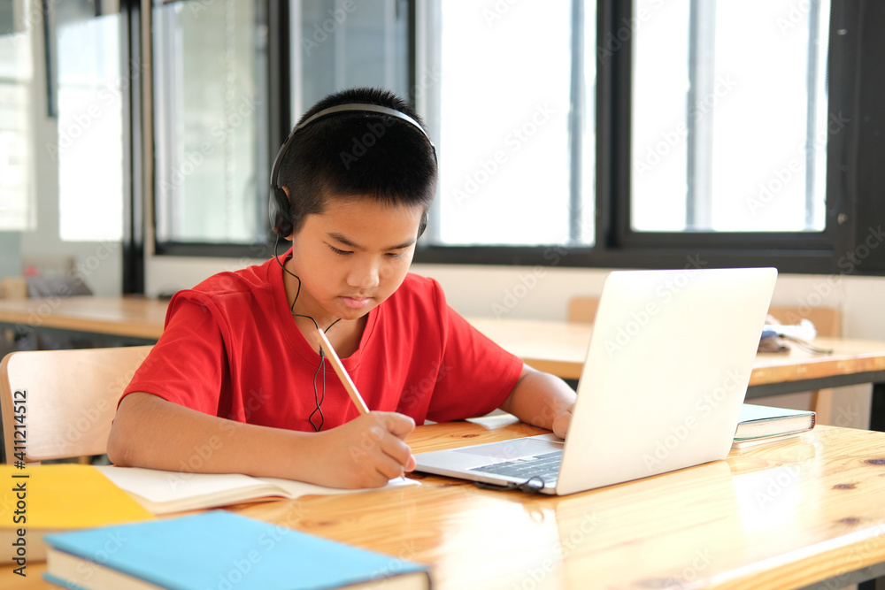 boy student studying learning lesson online. remote meeting distance education at home boy student studying learning lesson online. remote meeting distance education at home