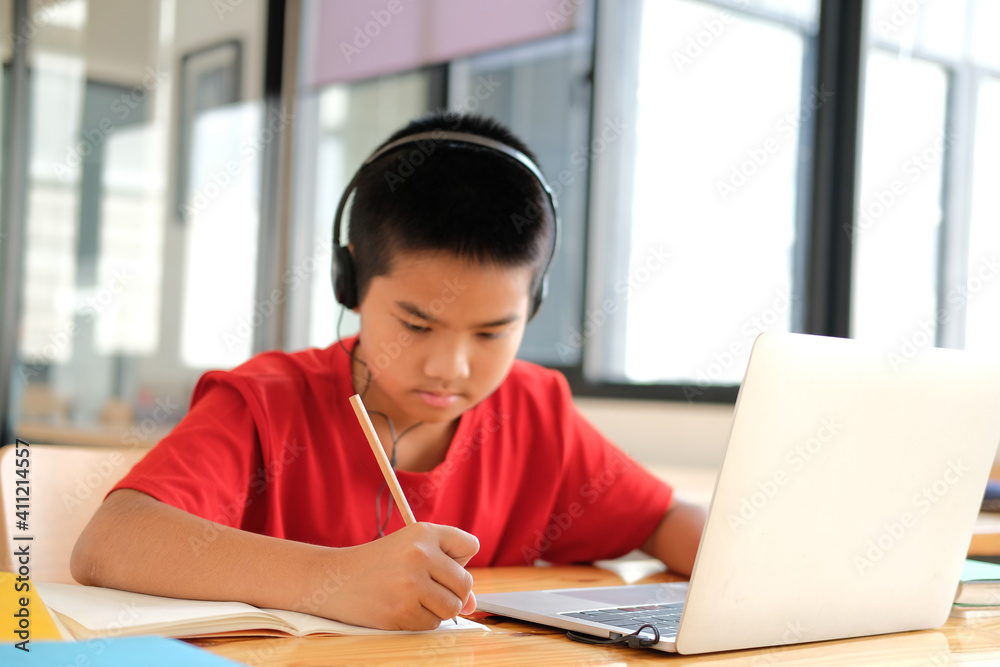 boy student studying learning lesson online. remote meeting distance education at home boy student studying learning lesson online. remote meeting distance education at home
