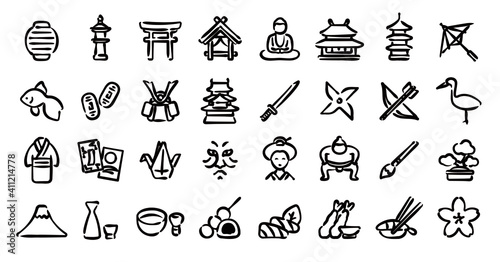 Japanese Traditional Culture Icon Set (Hand-drawn line version)