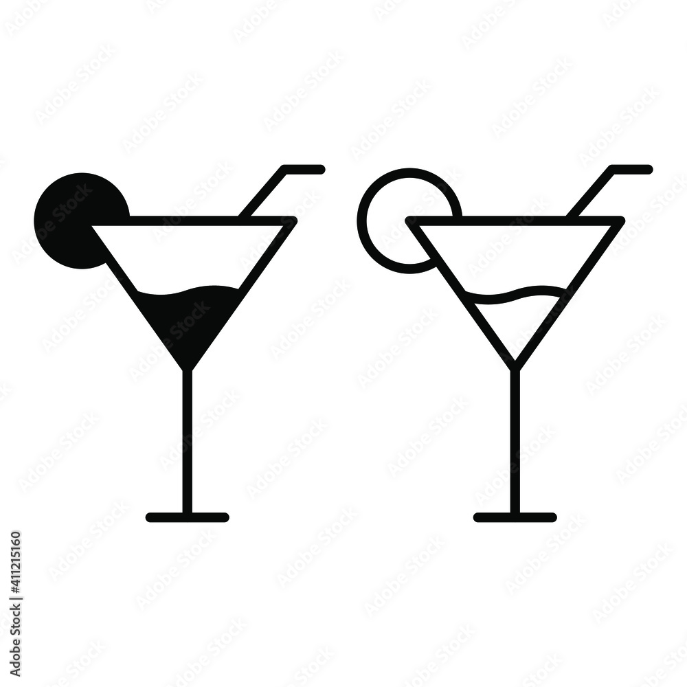 Cocktail glass icon set. Alcohol drinking glasses black symbol isolated. Vector illustration.