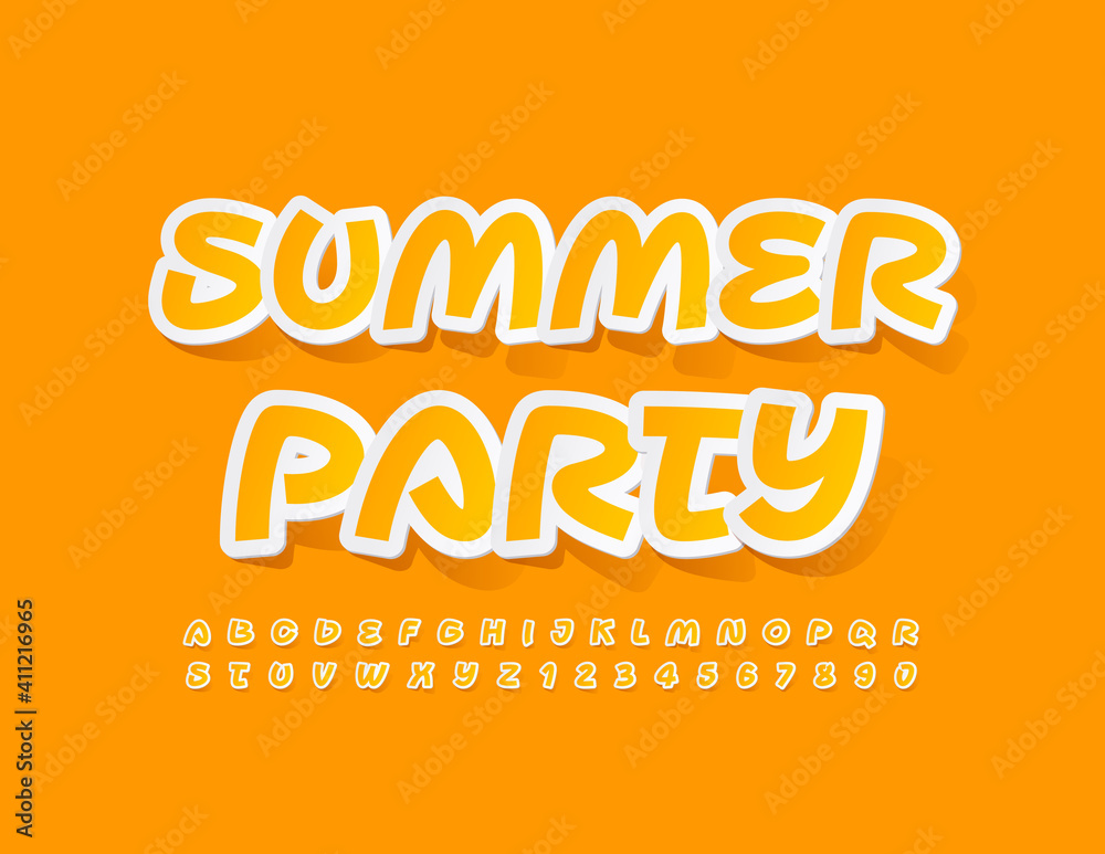Vector stylish poster Summer Party. Creative Yellow Alphabet Letters and Numbers. Sticker style Font.