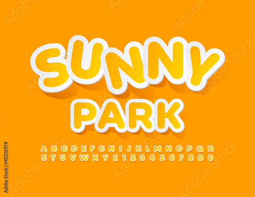 Vector bright emblem Sunny Park. Creative Sticker Font. Yellow Alphabet Letters and Numbers set