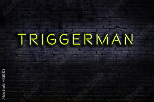 Neon sign. Word triggerman against brick wall. Night view photo