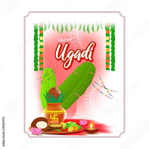 Vector illustration concept of Happy Ugadi greeting with kalasha and traditional food. Also called Gudi Padwa. South Indian New Year's Day.