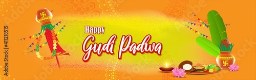 Vector illustration concept of Happy Ugadi greeting with kalasha and traditional food. Also called Gudi Padwa. South Indian New Year's Day.