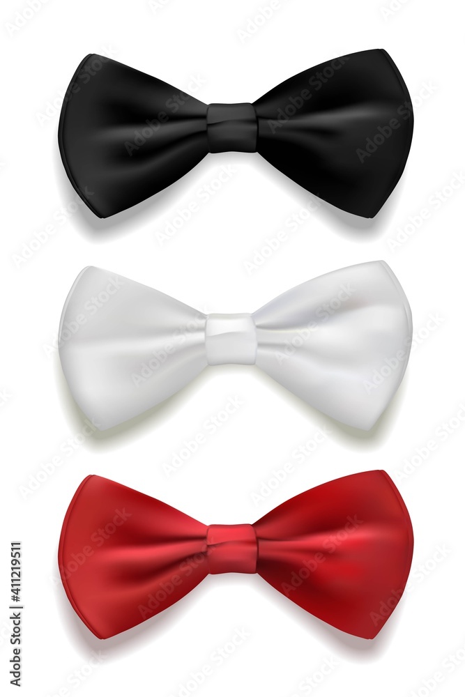 Black, white and red bow tie set. Classic silk or satin neckties vector illustration. Realistic gentleman formal luxury fashion element of costume for ceremony, wedding or party Black, white and red bow tie set. Classic silk or satin neckties vector illustration. Realistic gentleman formal luxury fashion element of costume for ceremony, wedding or party