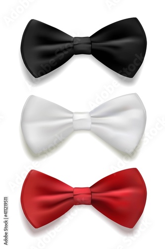 Black, white and red bow tie set. Classic silk or satin neckties vector illustration. Realistic gentleman formal luxury fashion element of costume for ceremony, wedding or party