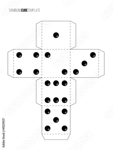 Cubes for gambling paper template. Casino craps and playing games vector illustration. Poker cube cutout black and white blueprint, numbers with dots isolated on white background