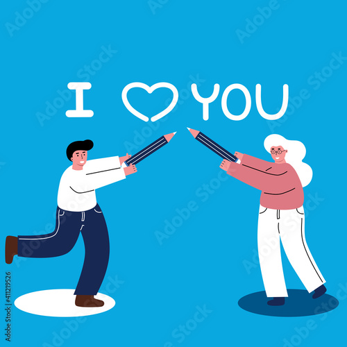 The couple holding pencil and write text “ I love you” 