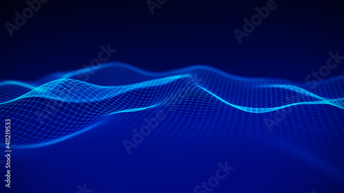 Abstract wave with moving dots and lines. Flow of particles. Cyber technology illustration. 3d rendering © estar 2020