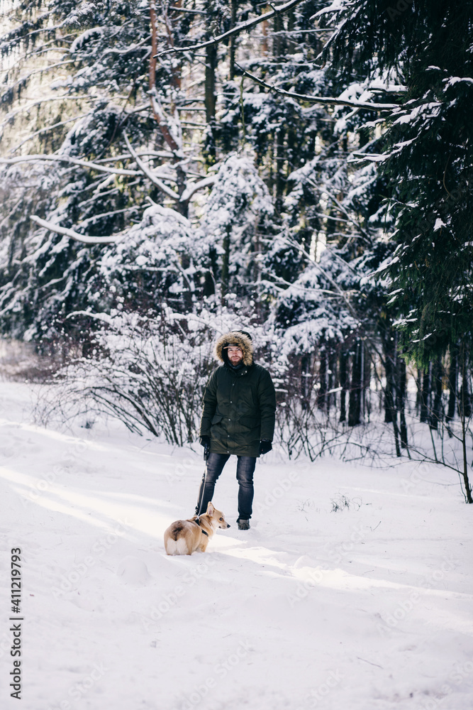 Bearded man walking with his corgi in snowy forest.