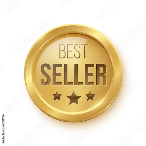 Gold medal for best seller. Professional golden trophy award with text and stars vector illustration. Prize for best sales in contest isolated on white background