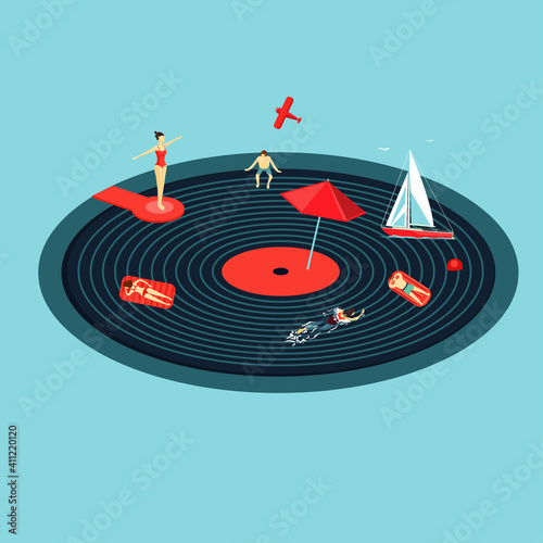 Summer party vector illustration. Dance music festival poster. Lounge beach bar with swimming pool. Vacation holiday.