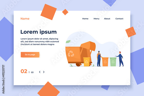 Garbage collector cleaning waste bin flat vector illustration. Cartoon man putting rubbish for recycling. Service and disposal industry concept.