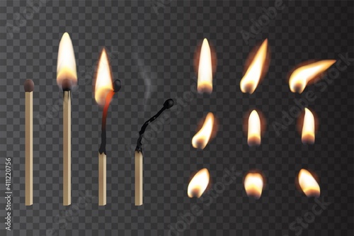 Match sticks with flame sequence set. Wooden matches, burning, hot and glowing red, blown out. Abstract realistic vector illustration. Lights and flames collection design on transparent background