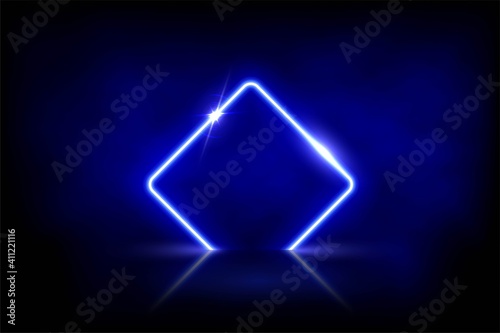 Glowing neon blue rhombus with sparkles in fog with mirror reflection. Abstract electric light frame on black background. Geometric fashion design vector illustration. Empty minimal art decoration